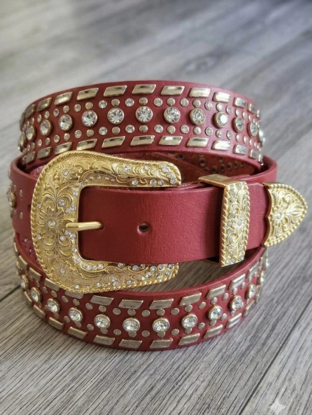 Vintage Red Western Bling Belt with Gold Ornate Buckle XXL 44